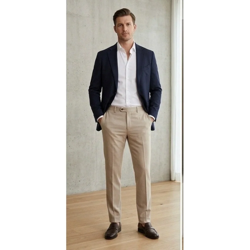Paulo Solari Mens Tan Linen Blend Tailored Fit Dress Pants 44x30 Flat Front